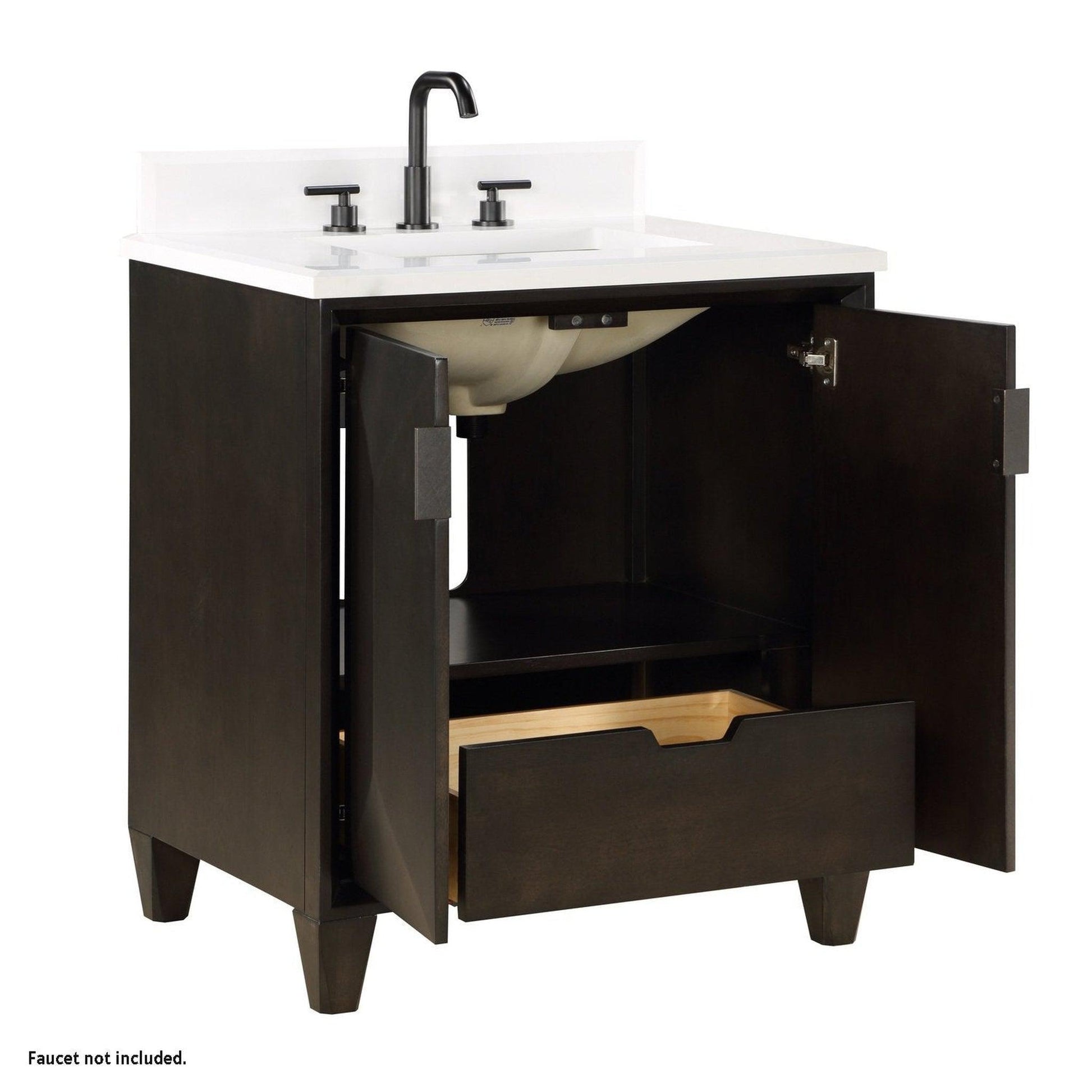 Bemma Design Zanzi 30" Gray Lacquer Solid Wood Freestanding Bathroom Vanity With Single 3-Hole Single 3-Hole White Granite Vanity Top, Rectangle Undermount Sink, and Backsplash Rectangle Undermount Sink, and Backsplash
