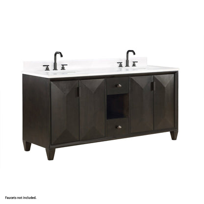 Bemma Design Zanzi 70" Gray Lacquer Solid Wood Freestanding Bathroom Vanity With Double 3-Hole Double 3-Hole White Granite Vanity Top, Two Rectangle Undermount Sinks, and Backsplash Rectangle Undermount Sink, and Backsplash