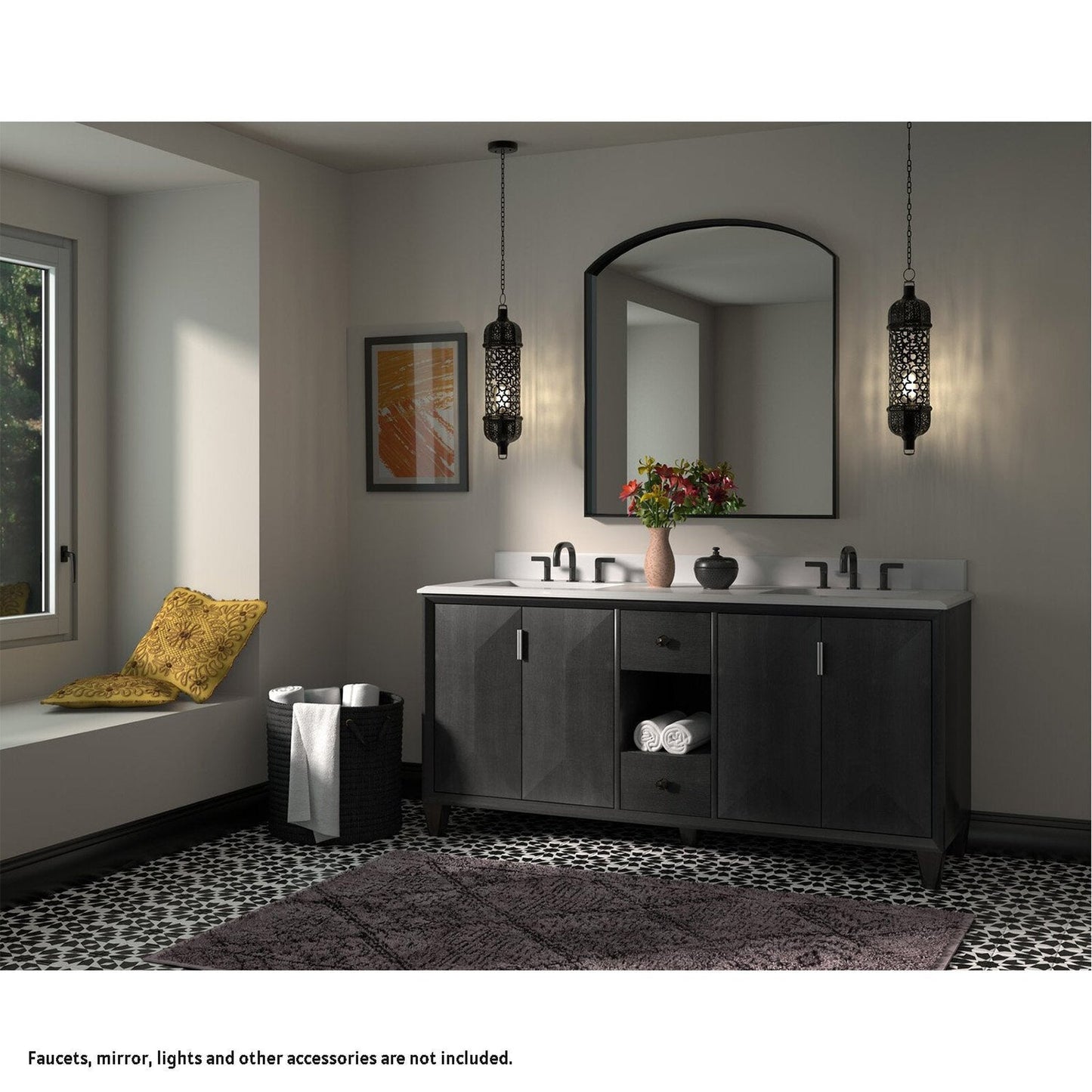 Bemma Design Zanzi 70" Gray Lacquer Solid Wood Freestanding Bathroom Vanity With Double 3-Hole Double 3-Hole White Granite Vanity Top, Two Rectangle Undermount Sinks, and Backsplash Rectangle Undermount Sink, and Backsplash