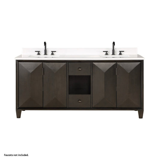 Bemma Design Zanzi 70" Gray Lacquer Solid Wood Freestanding Bathroom Vanity With Double 3-Hole Double 3-Hole White Granite Vanity Top, Two Rectangle Undermount Sinks, and Backsplash Rectangle Undermount Sink, and Backsplash