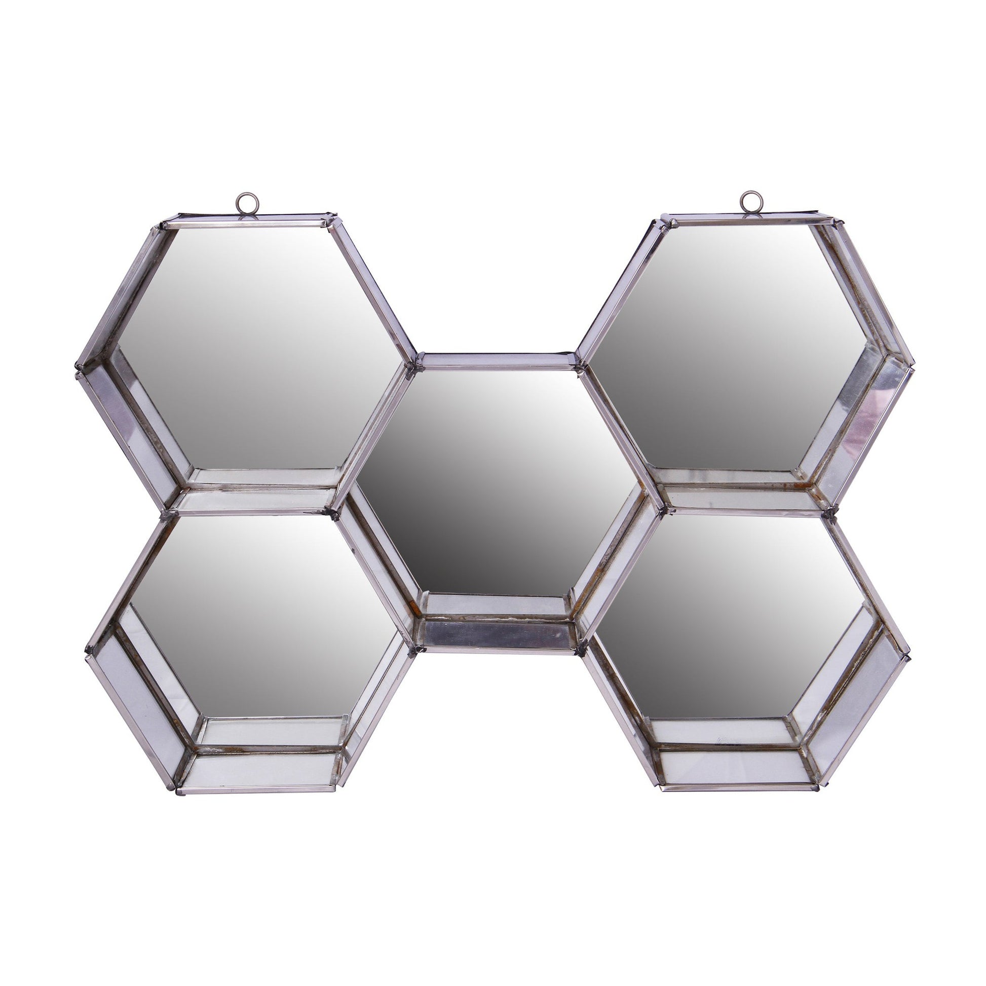 Benzara 16" Silver Hexagonal Mirrored Wall Display With Two Keyhole Hanger On Top