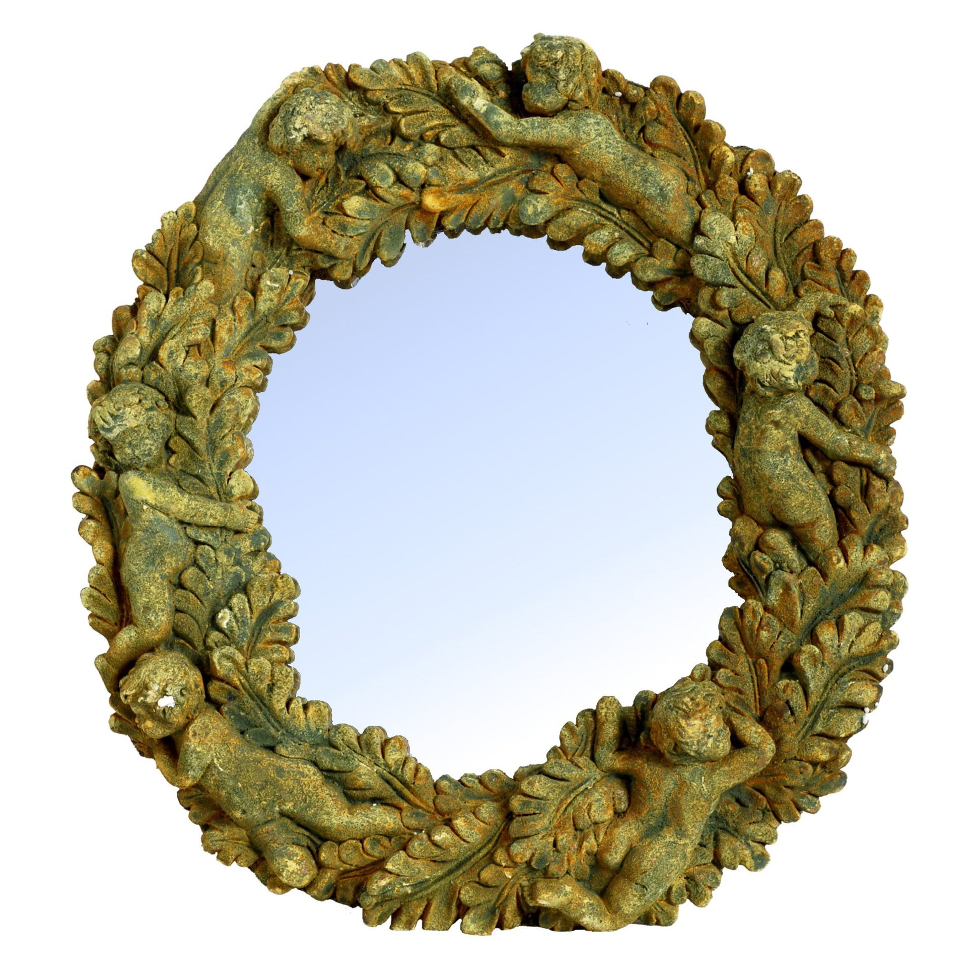 Benzara 19" Rustic Green Round Wall Decorative Mirror With Thick Cemented Border