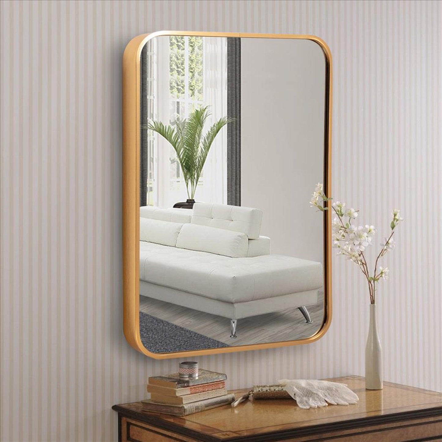 Benzara 24" Rectangular Matte Gold Round Corners Wall Mirror