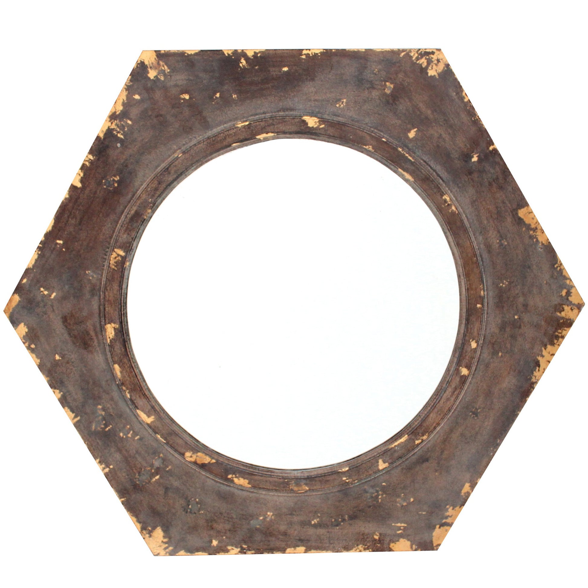Benzara 27" Silver and Brown Rustic Style Wooden Wall Mirror With Hexagonal Frame