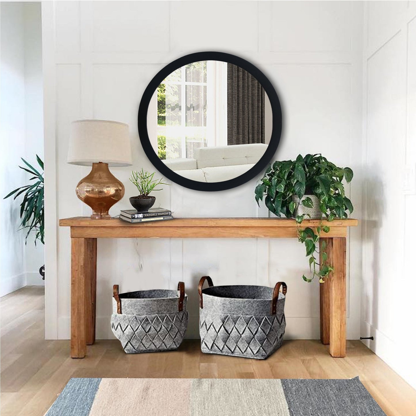 Benzara 28" Round Black Wooden Framed Floating Beveled Wall Mirror