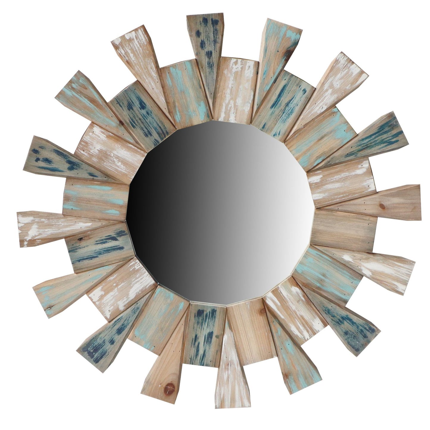 Benzara 30" Round Brown Wooden Framed Wall Mirror With Triangular Plank Accent