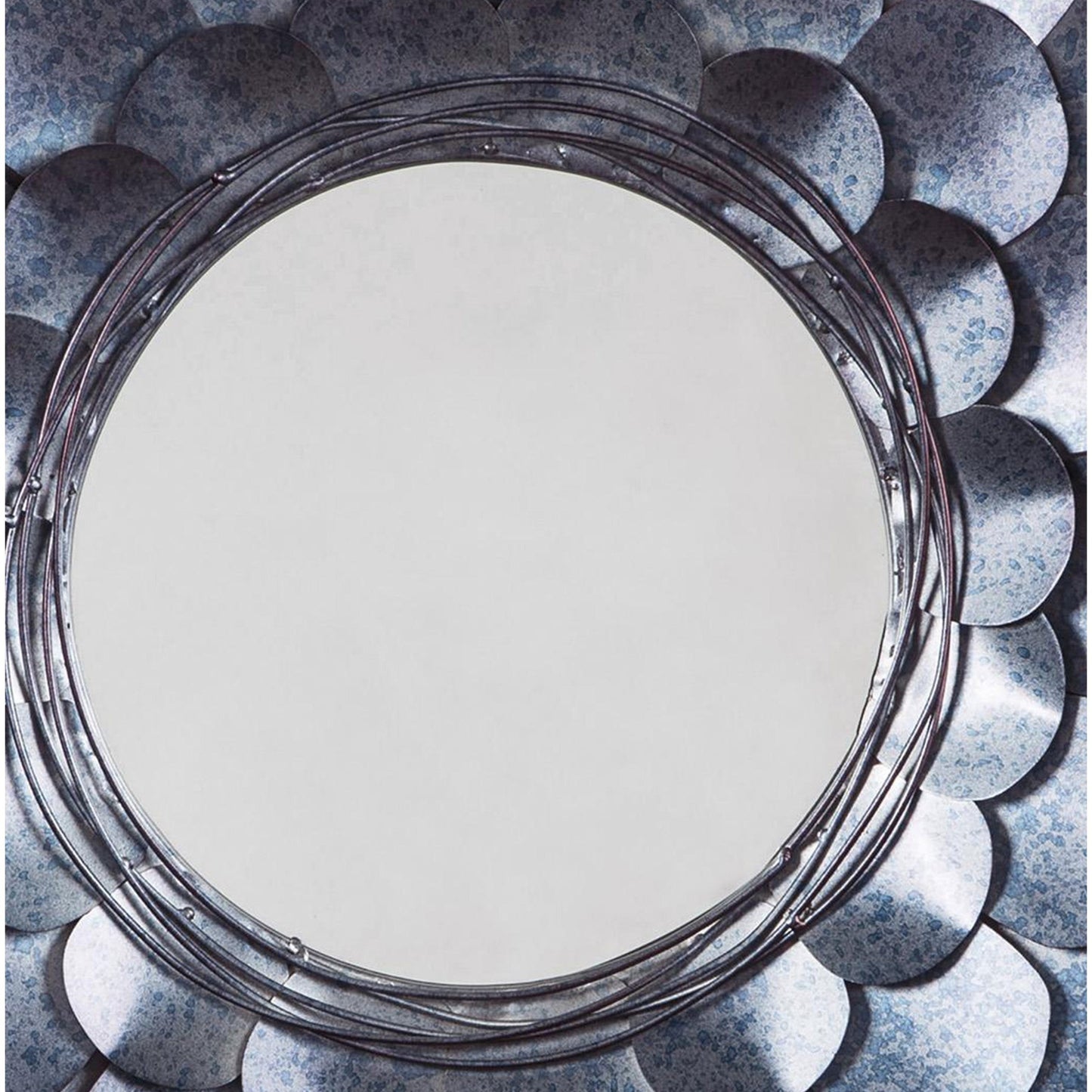 Benzara 31" Blue and Silver Round Metal Framed Accent Mirror With Blooming Flower Design