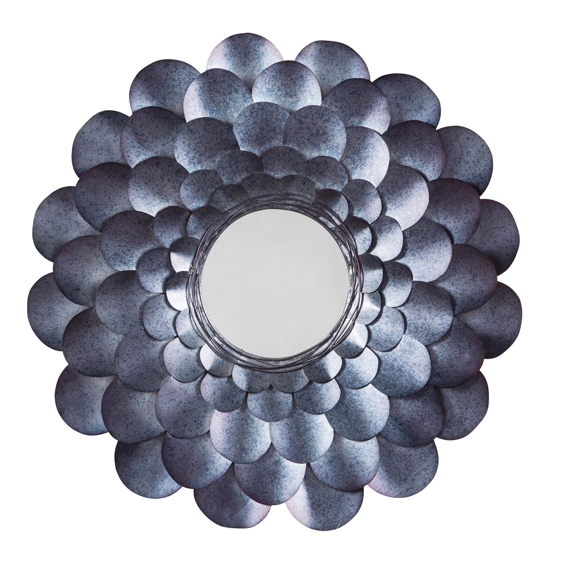 Benzara 31" Blue and Silver Round Metal Framed Accent Mirror With Blooming Flower Design