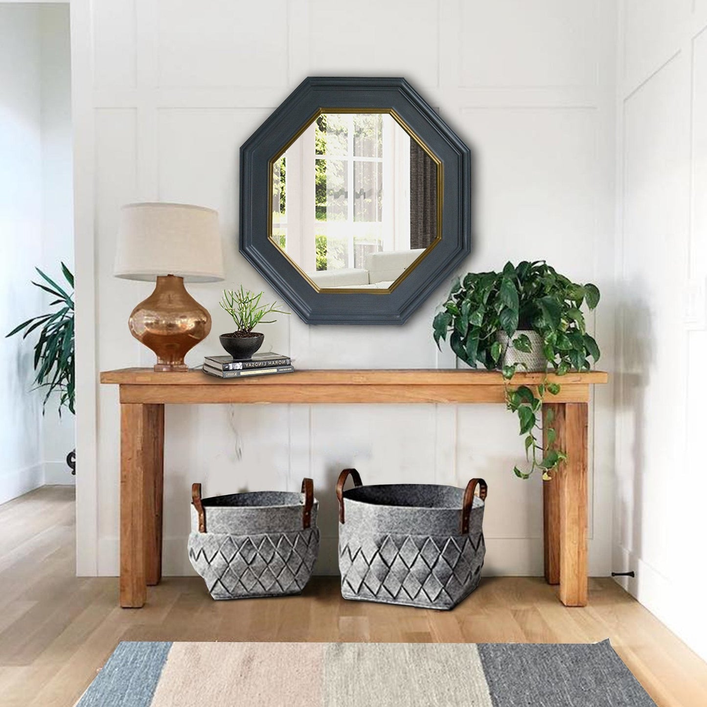 Benzara 32" Octagonal Gray Wooden Framed Floating Wall Flat Mirror