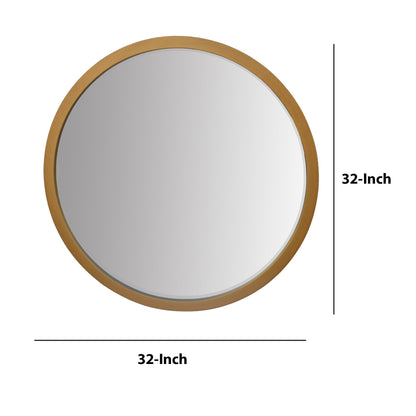 Benzara 32" Round Brown Wooden Framed Floating Wall Beveled Mirror