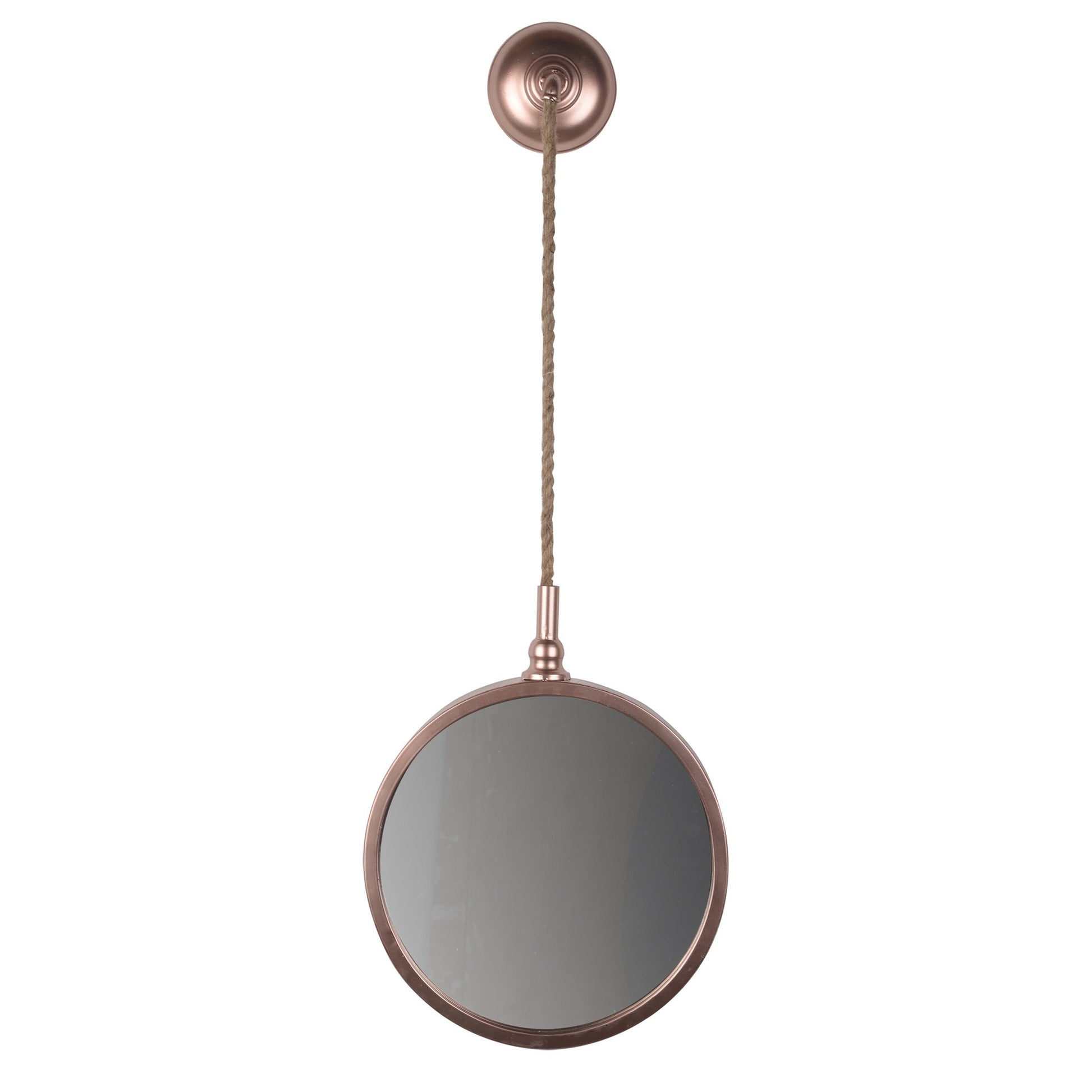 Benzara 34" Copper Small Round Metal Frame Wall Mirror With Attached Rope Hanging
