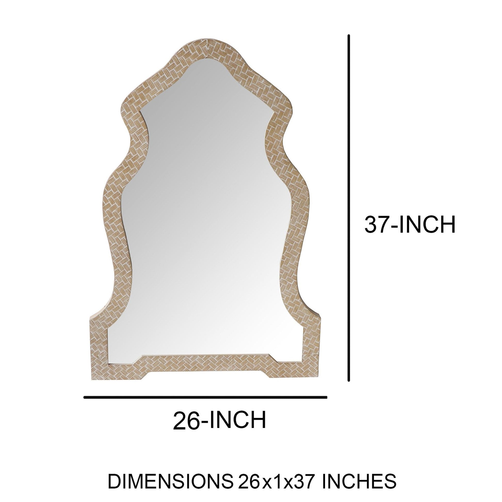 Benzara 37" Scalloped Top Brown Wooden Framed Wall Mirror With Geometric Texture