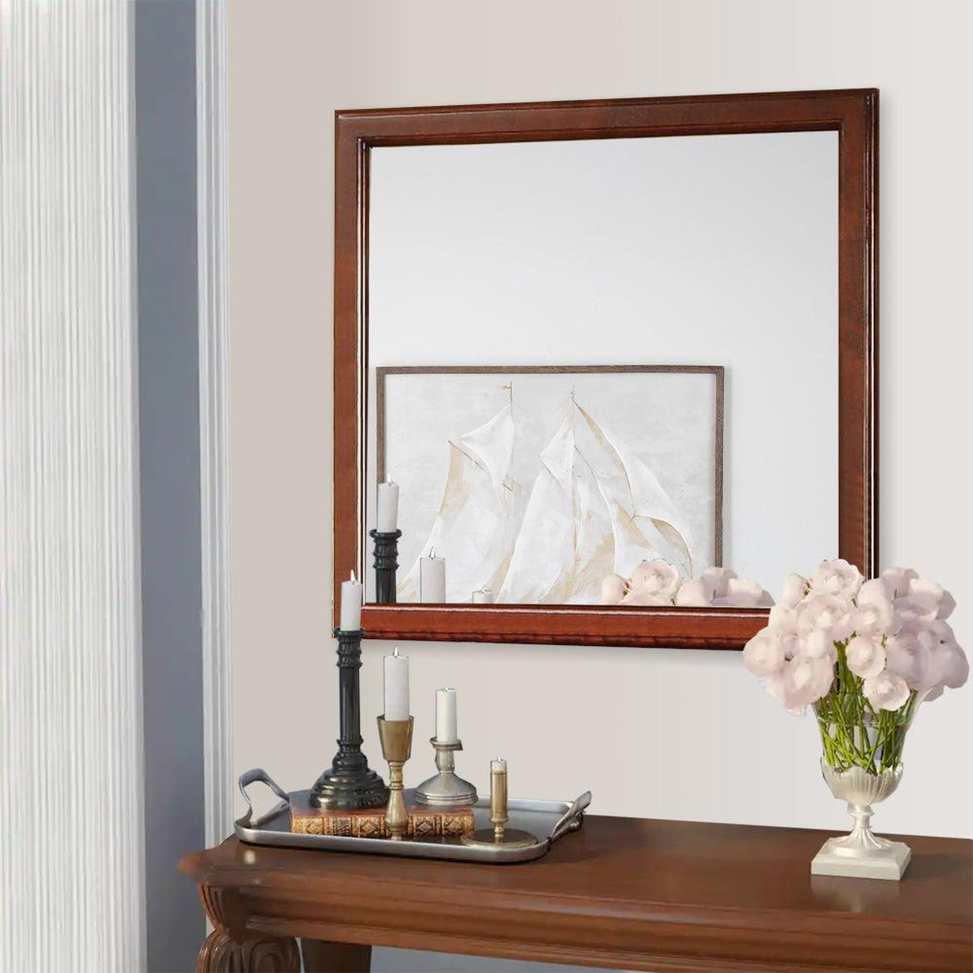 Benzara 38" Cherry Brown Rectangular Wooden Framed Mirror