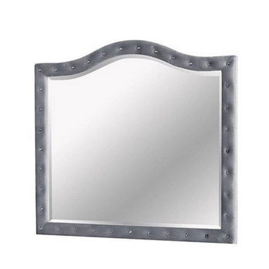 Benzara 38" Gray Fabric Padded Frame Mirror With Button Tufting