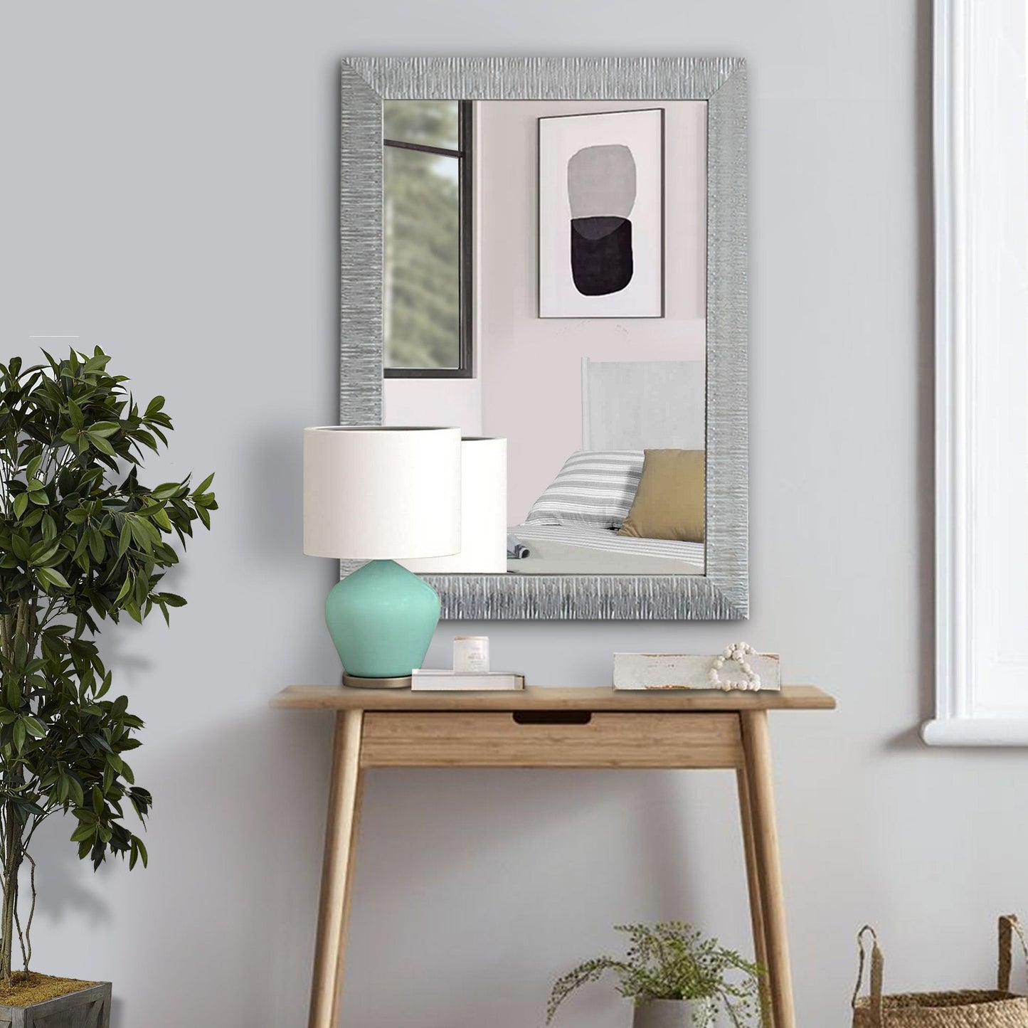 Benzara 39" Gray Wooden Framed Wall Mirror With Striped Motif Edges and Shimmering Leaf