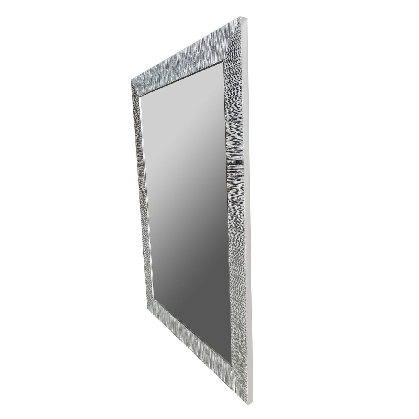 Benzara 39" Gray Wooden Framed Wall Mirror With Striped Motif Edges and Shimmering Leaf