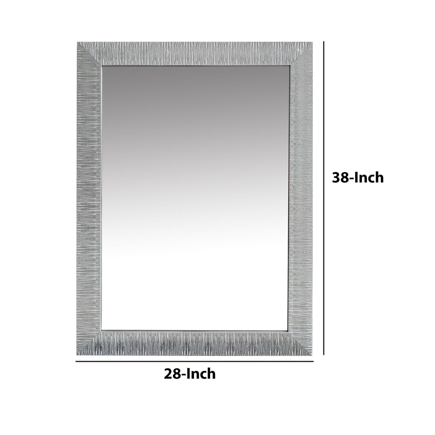 Benzara 39" Gray Wooden Framed Wall Mirror With Striped Motif Edges and Shimmering Leaf