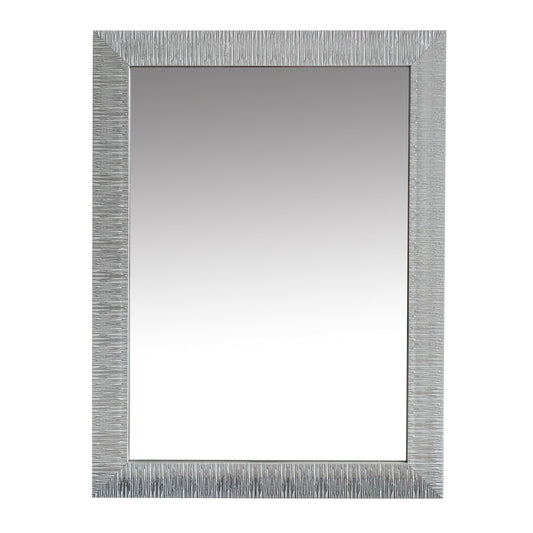 Benzara 39" Gray Wooden Framed Wall Mirror With Striped Motif Edges and Shimmering Leaf