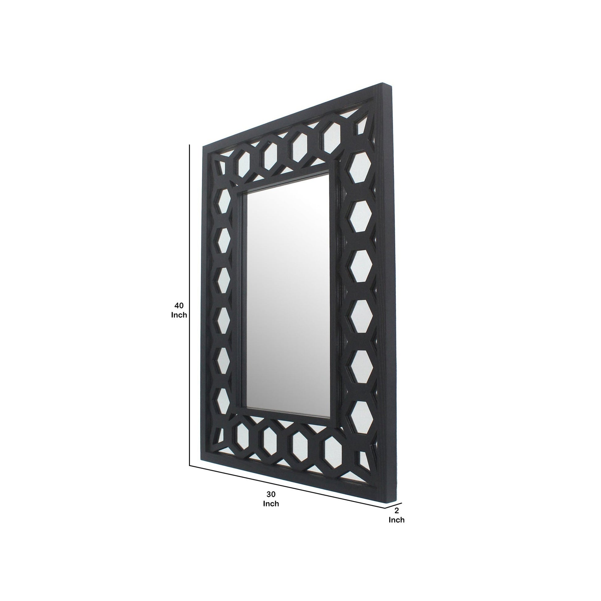 Benzara 40" Black Rectangular Wooden Dressing Mirror With Lattice Pattern Design
