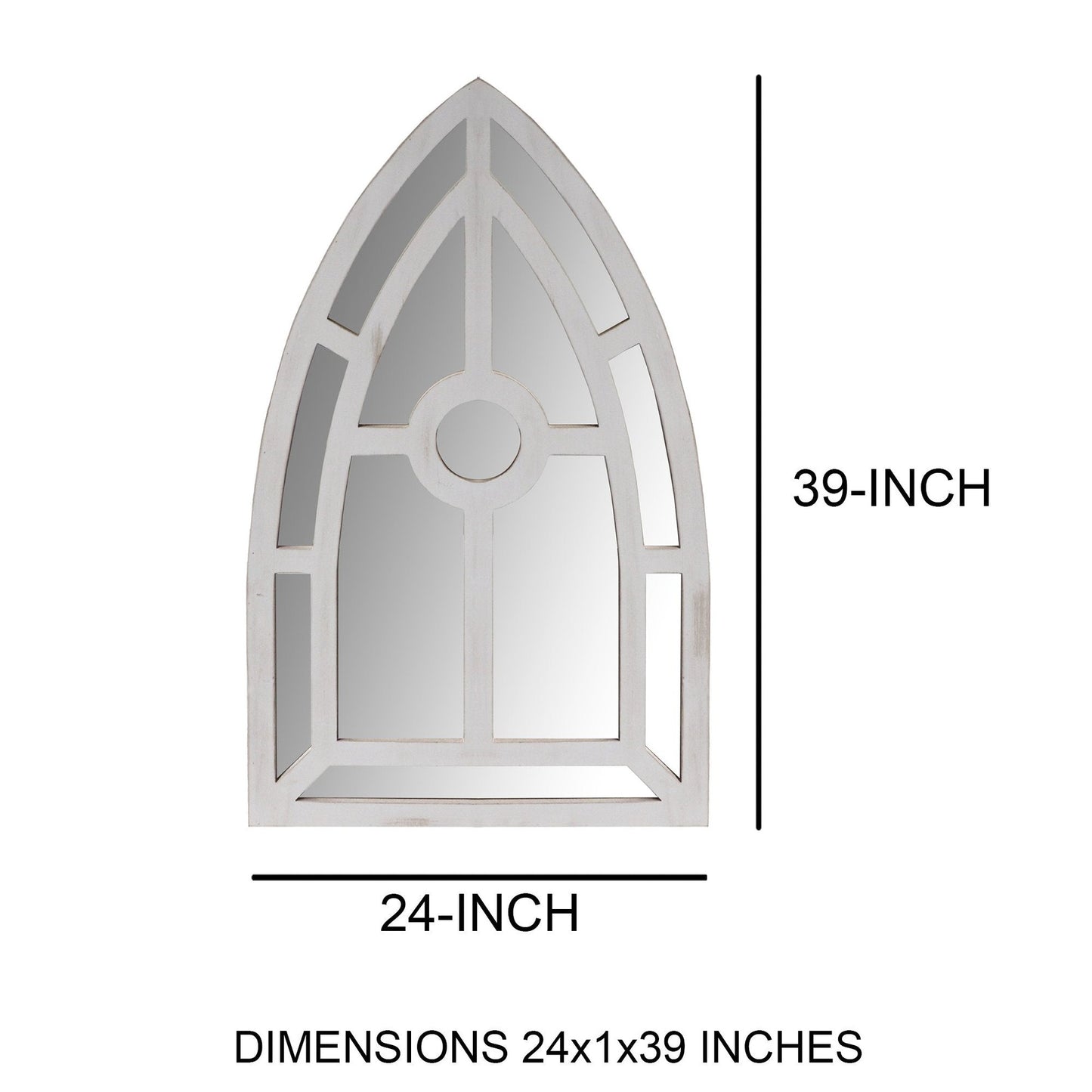 Benzara 40" Silver Arched Window Pane Wooden Framed Wall Mirror With Trimmed Details