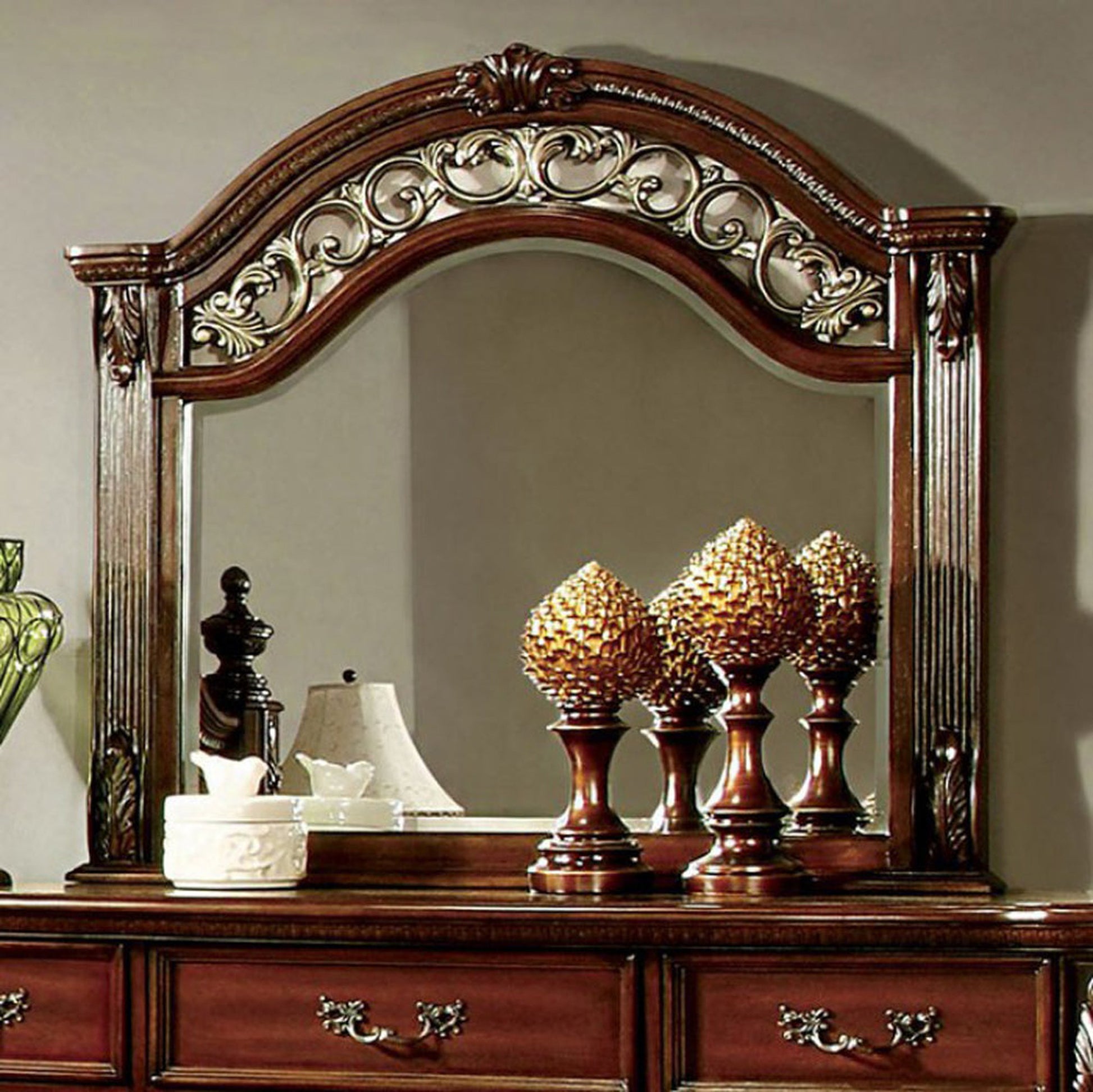 Benzara 42" x 45" Cherry Traditional Arched Ornate Engraved Wooden Framed Dresser Mirror