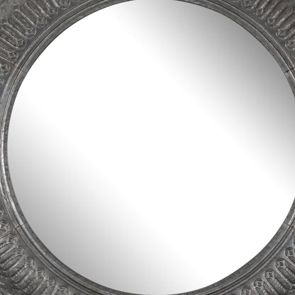 Benzara 45" Antique Gray Round Wall Mirror With Thick Embossed Metal Border