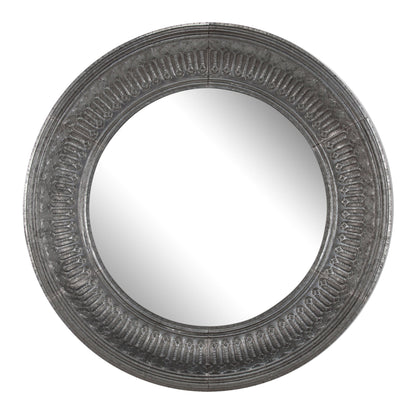 Benzara 45" Antique Gray Round Wall Mirror With Thick Embossed Metal Border