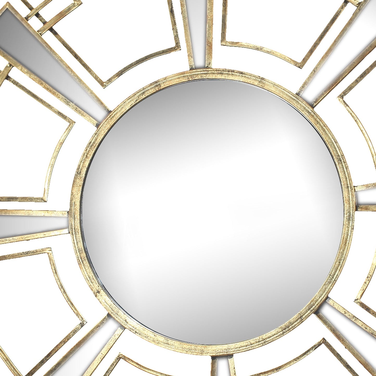 Benzara 46" Gold Round Sunburst Wall Mirror With Geometric Design Metal Frame