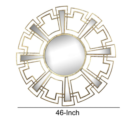 Benzara 46" Gold Round Sunburst Wall Mirror With Geometric Design Metal Frame