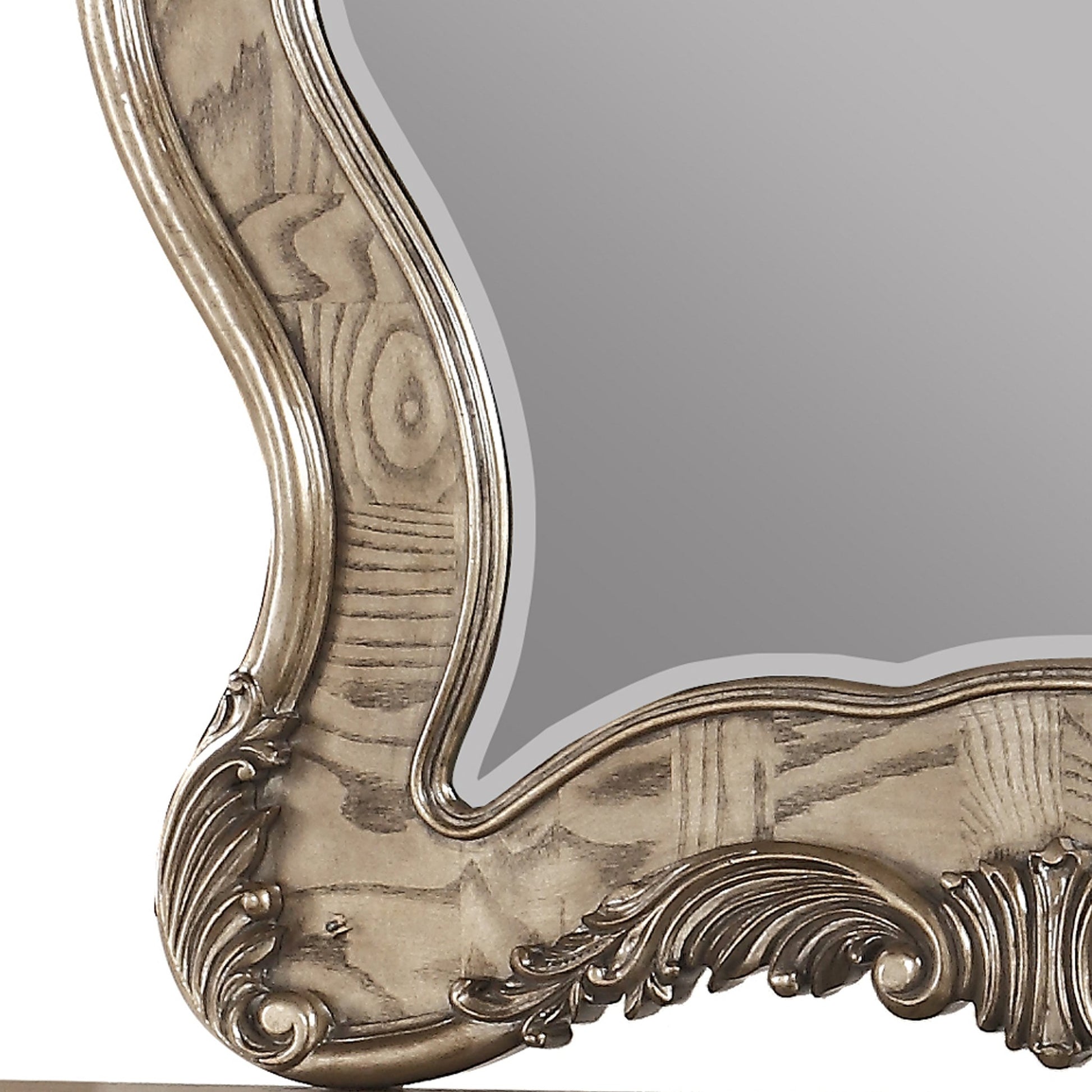 Benzara 48" Brown and Silver Wooden Mirror With Scrollwork Crown and Trim Details