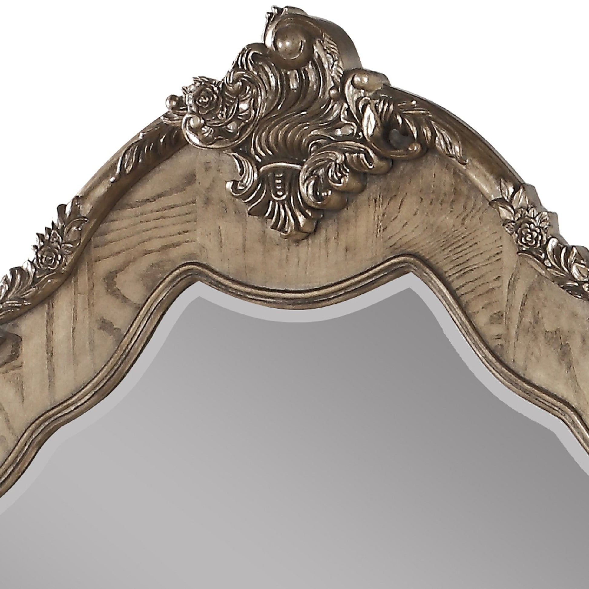 Benzara 48" Brown and Silver Wooden Mirror With Scrollwork Crown and Trim Details