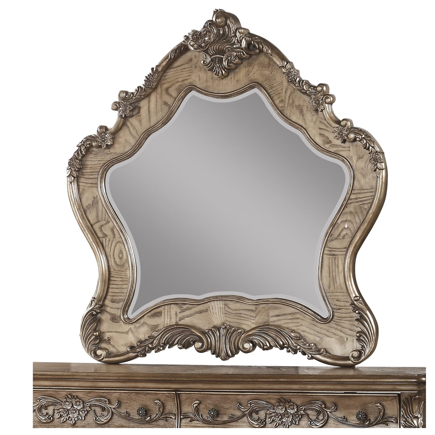 Benzara 48" Brown and Silver Wooden Mirror With Scrollwork Crown and Trim Details