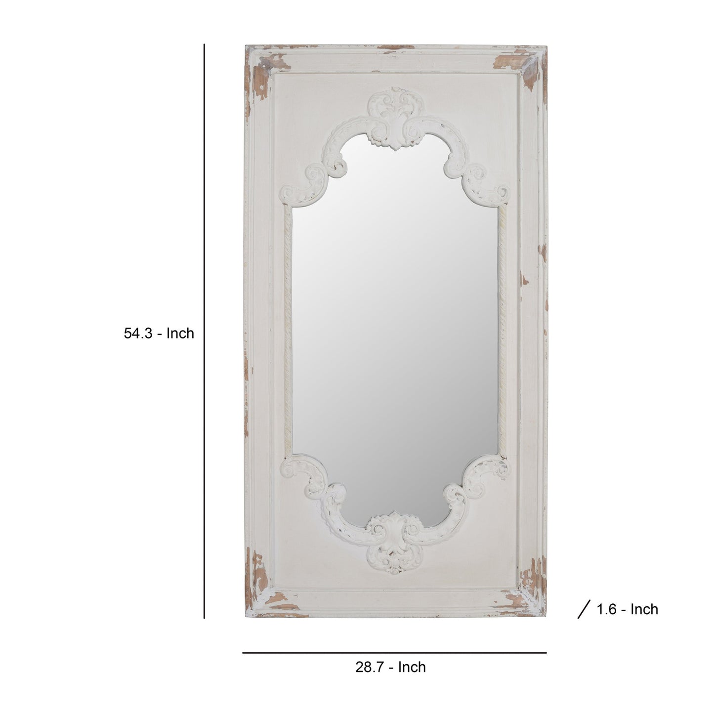 Benzara 54" White Rectangular Wooden Framed Wall Mirror With Chipped Edges and Hook