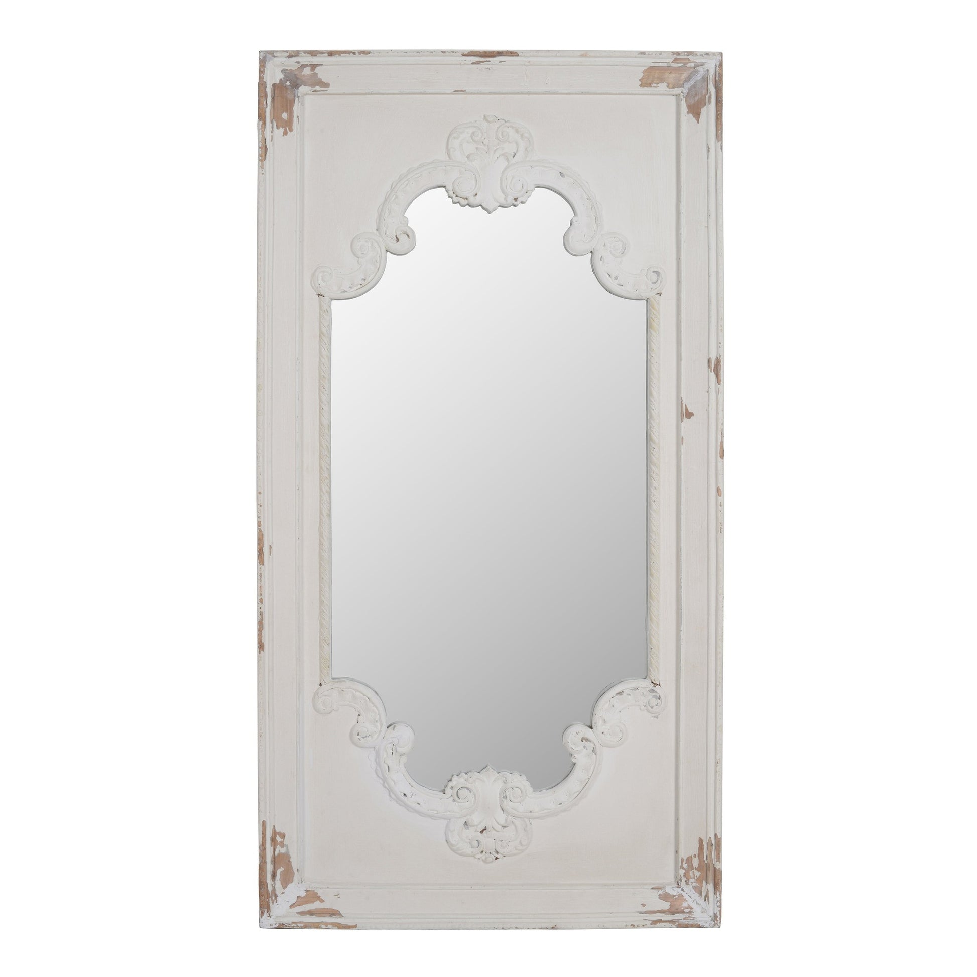 Benzara 54" White Rectangular Wooden Framed Wall Mirror With Chipped Edges and Hook