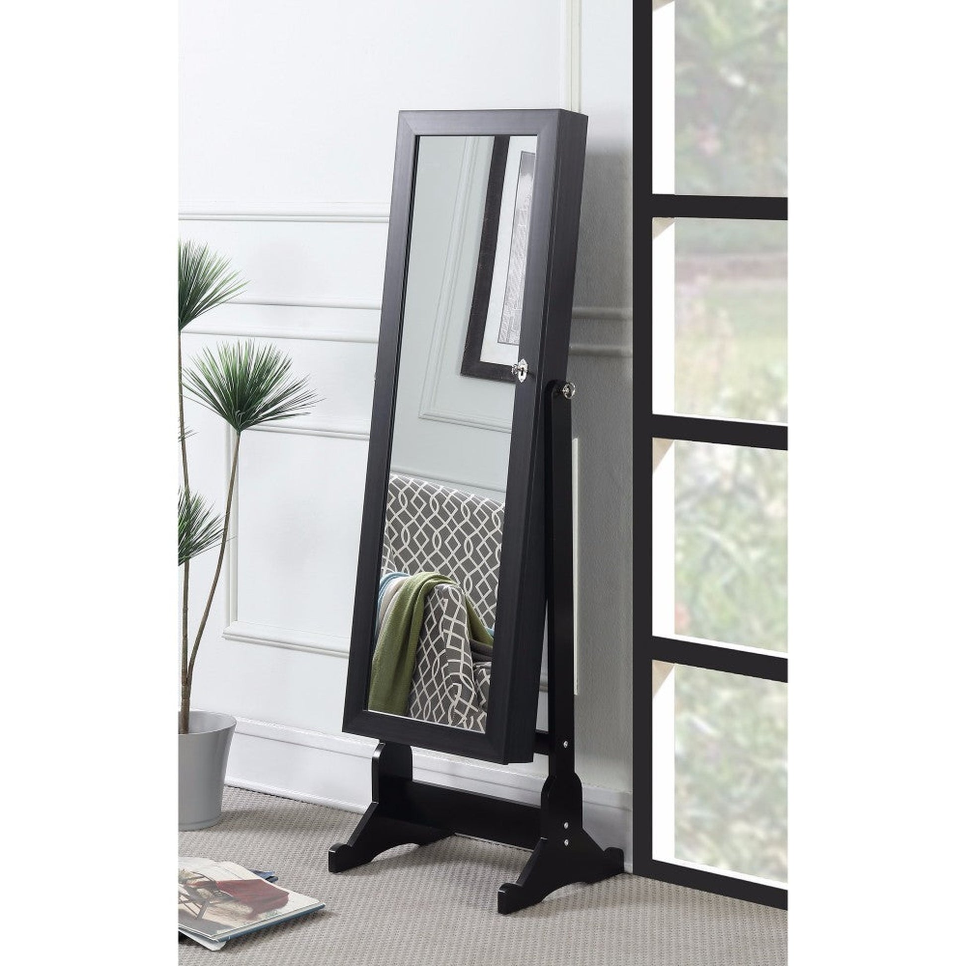 Benzara 57" Black Rectangle Wooden Framed Jewelry Cheval Floor Standing Mirror