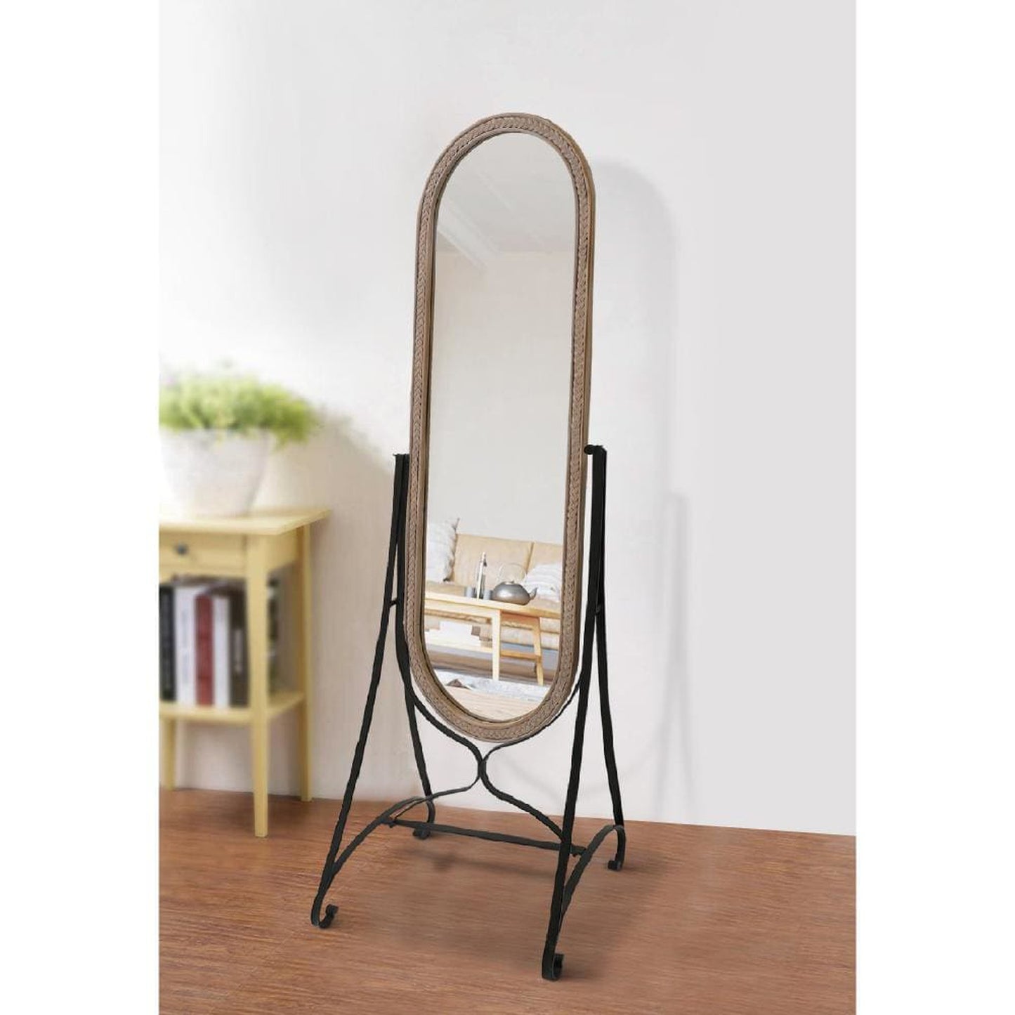 Benzara 64" Brown Oval Carved Wood Frame Adjustable Floor Mirror With Metal Stand