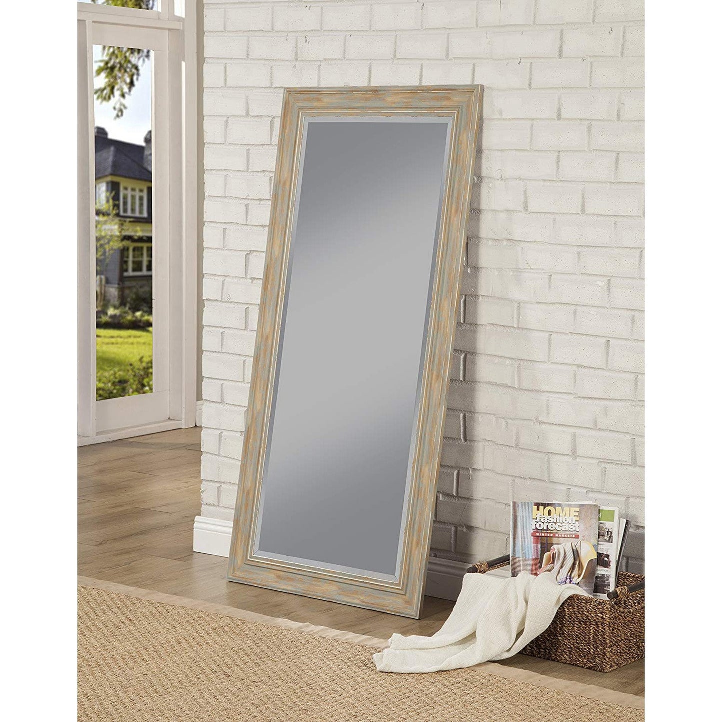 Benzara 65" Blue Polystyrene Frame Farmhouse Style Full Length Leaner Mirror