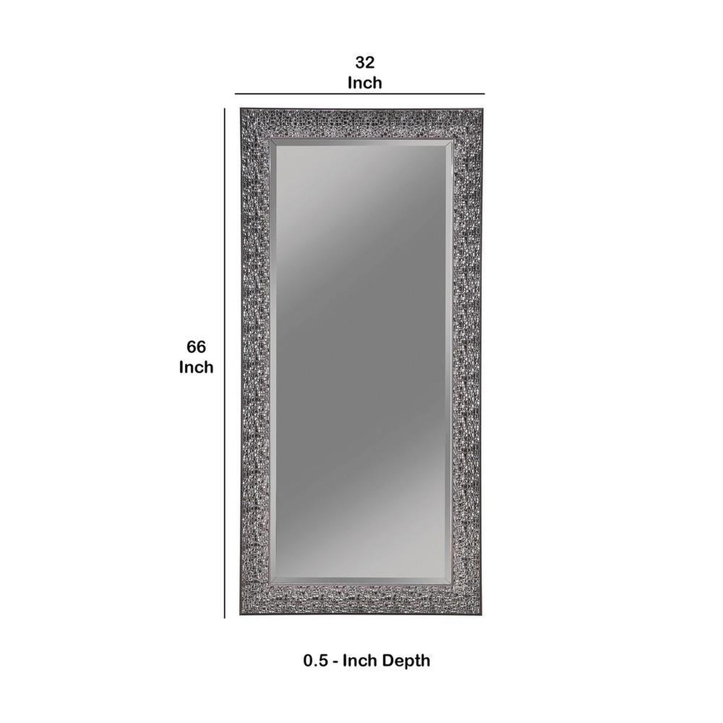 Benzara 66" Gray Rectangular Beveled Accent Floor Mirror With Glitter Mosaic Pattern