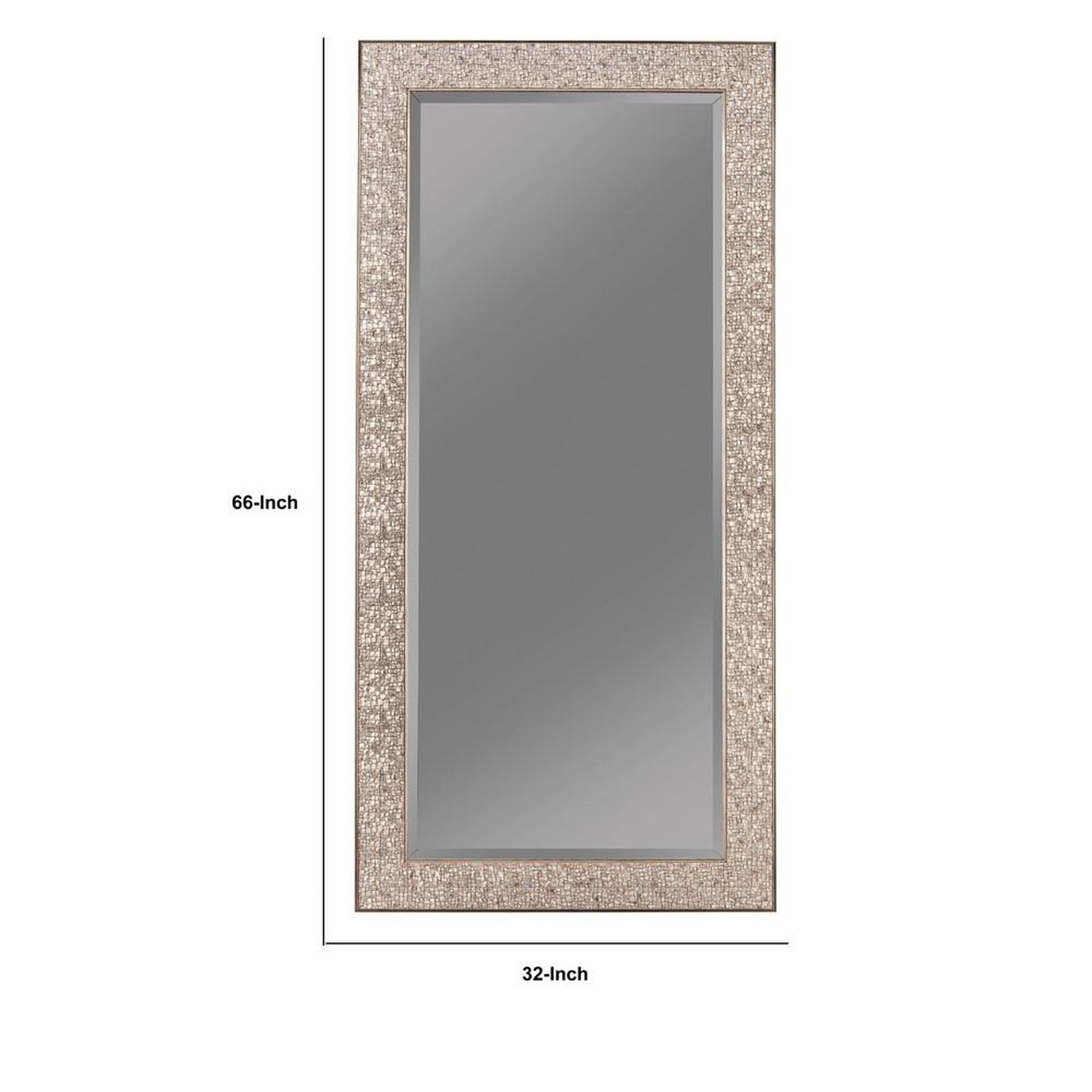 Benzara 66" Silver Rectangular Beveled Accent Floor Mirror With Glitter Mosaic Pattern