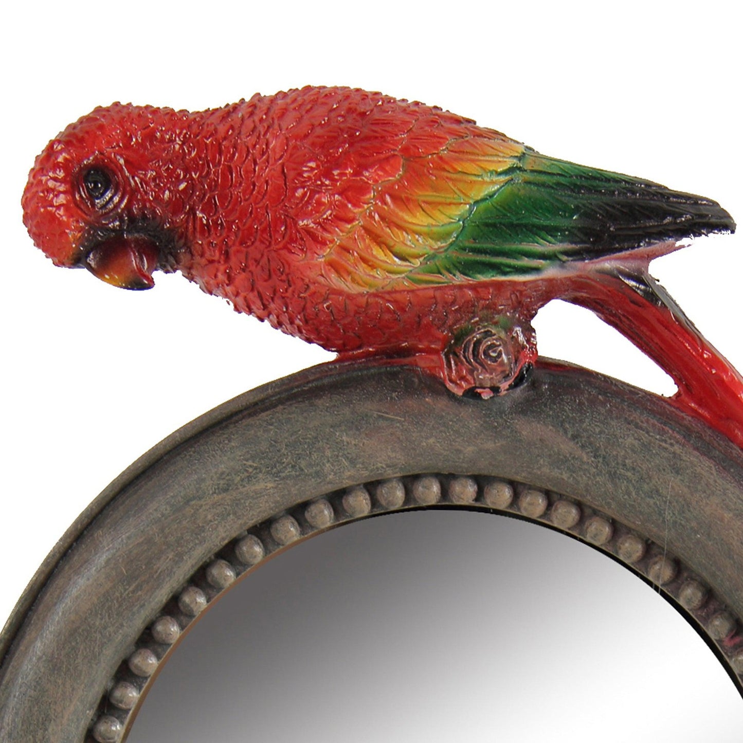 Benzara 8" Multicolor Round Wooden Framed Mirror With Parrot Sculpture Top