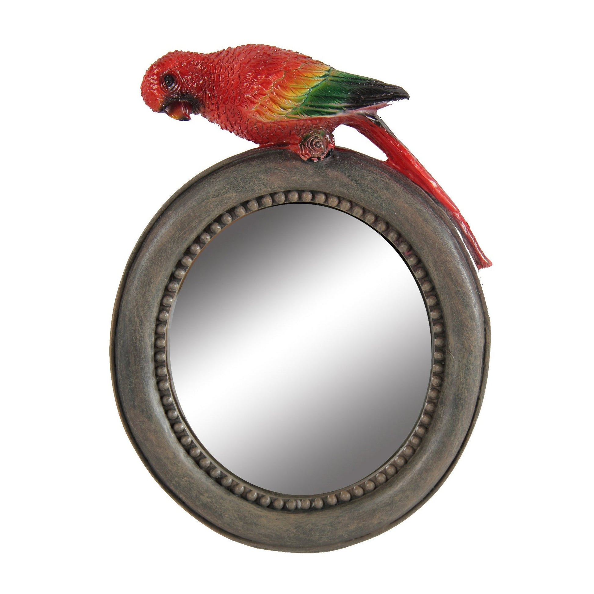 Benzara 8" Multicolor Round Wooden Framed Mirror With Parrot Sculpture Top