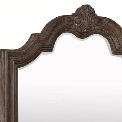 Benzara Antique Brown Scalloped Design Wooden Frame Mirror With Crown Top