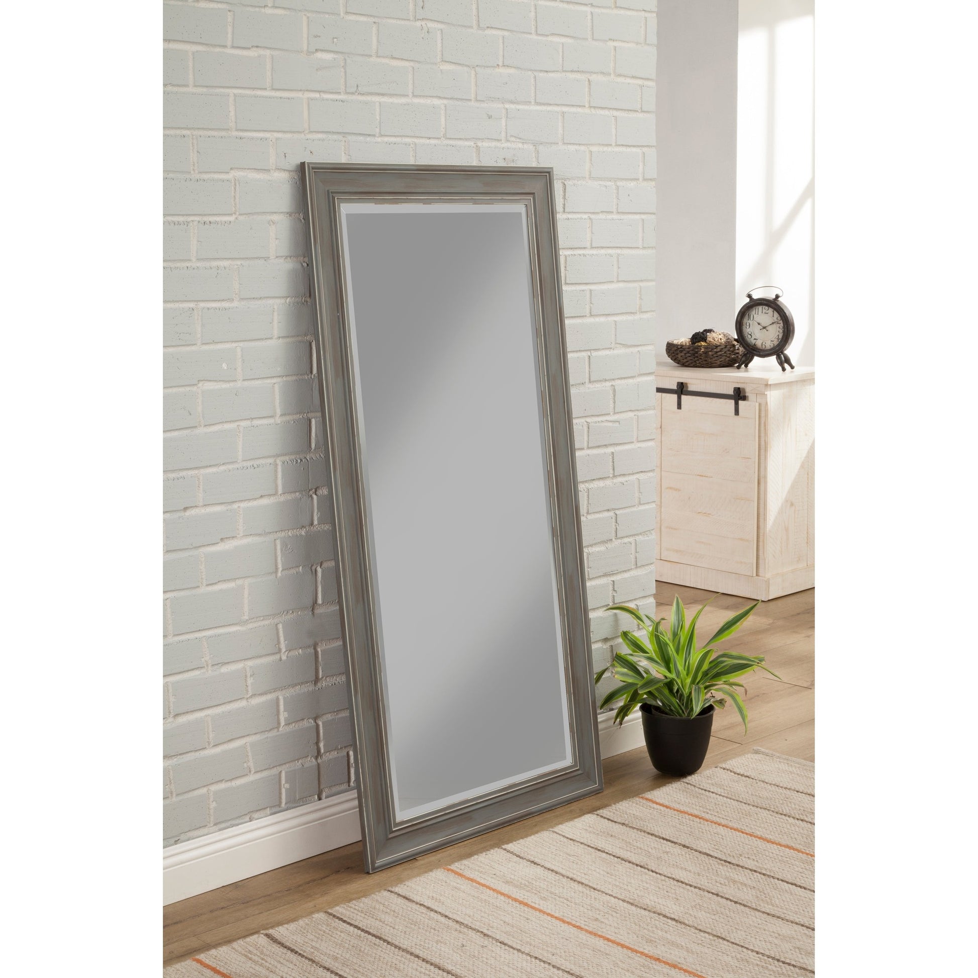 Benzara Antique Gray Polystyrene Frame Farmhouse Style Full Length Leaner Mirror
