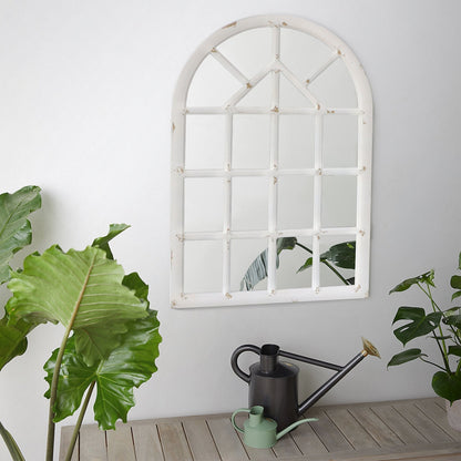 Benzara Antique White Arched Farmhouse Windowpane Wood Encased Wall Mirror