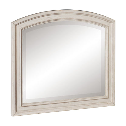Benzara Antique White Wooden Bevelled Mirror With Raised Edges and Curved Top