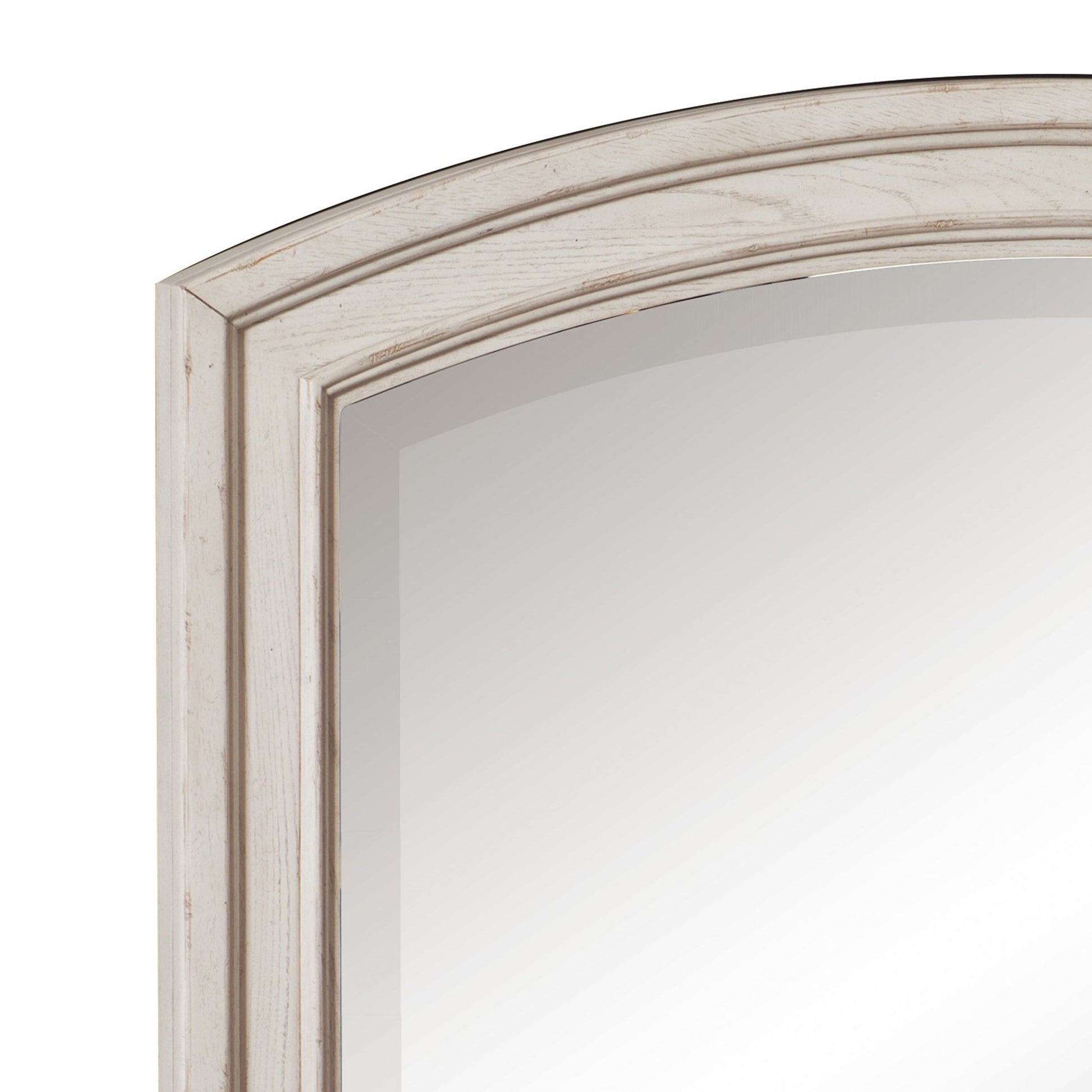 Benzara Antique White Wooden Bevelled Mirror With Raised Edges and Curved Top