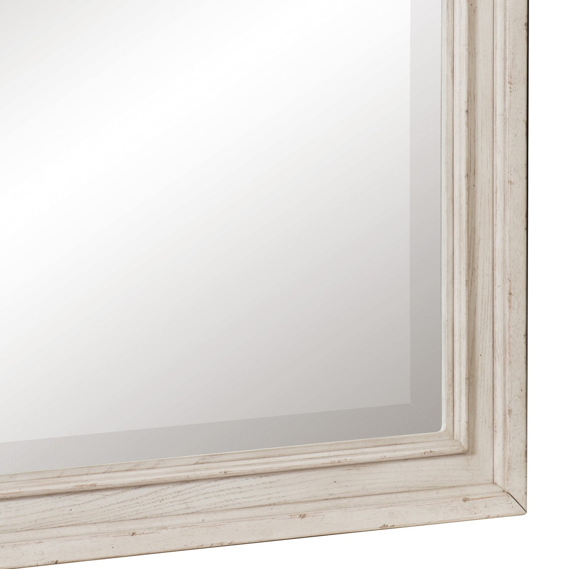 Benzara Antique White Wooden Bevelled Mirror With Raised Edges and Curved Top