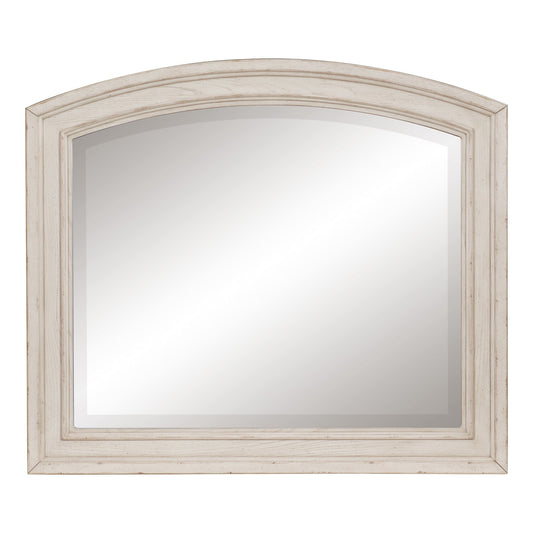 Benzara Antique White Wooden Bevelled Mirror With Raised Edges and Curved Top