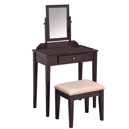 Benzara BM221617 Brown and White Wood and Fabric Vanity Set with Tilting Vertical Mirror