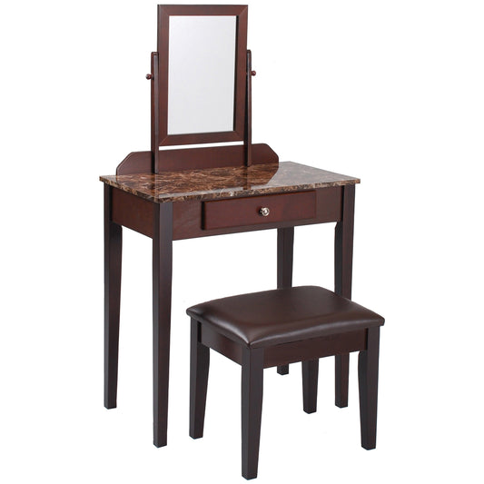 Benzara BM221619 Brown Wood and Faux Leather Vanity Set With Faux Marble Top